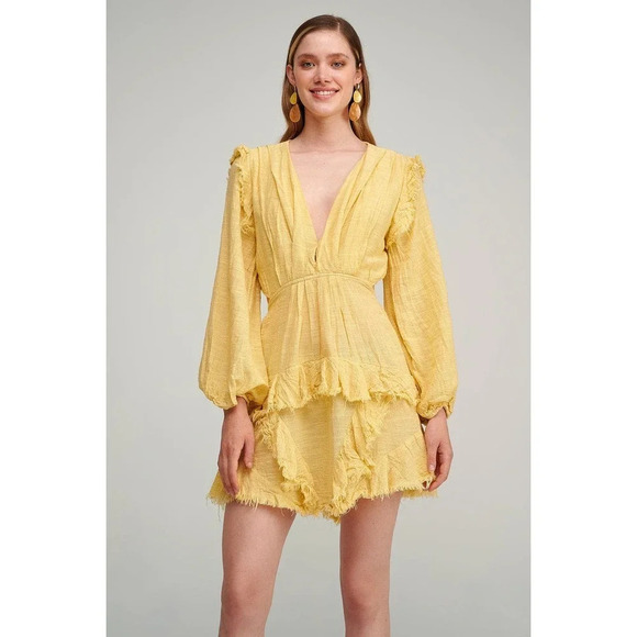 Pearl and Caviar yellow cut out yellow gauze cotton and linen mini dress sz XS/S - Picture 1 of 16